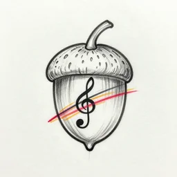 a clean single line drawing sketch for a tattoo, acorn that turns into a tree that is also a treble clef with scar line in the middle, clean single line tattoo with color bursts when crossing scar