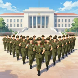 army march in infinitia square in front of infinian de gowyernmentıa in government center during mother's day, anime