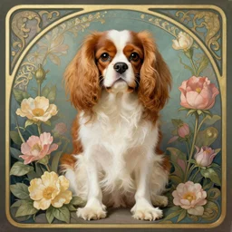 fluffy cavalier king charles spaniel, surrounded by flowers, art nouveau painting