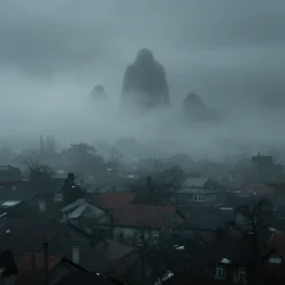 creepy town covered in heavy fog with monsters in the distance