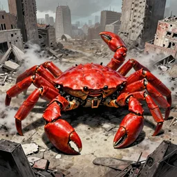 a red giant mechanical weapons battle armor crab in the middle of war - torn battlefield of a crumbling city, some smoke, artstation, concept art, smooth, sharp focus, vivid grunge, manga, illustration, unreal engine 5, 8 k, wide angle, by bilibin and kuvshinov and malevich and mucha, traditional japanese colors, superior quality, very detailed