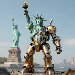 a Steampunk mech building the statue of liberty