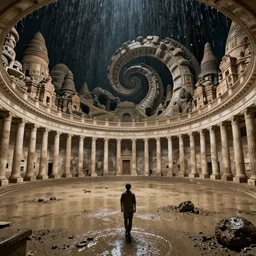 pov one man walking in a giant ancient ballroom neoclassical buildings, troglodyte temples in a deep spiral, high quality, mud, rain, by night, ultra wide lens, anamorphic, by akira kurosawa