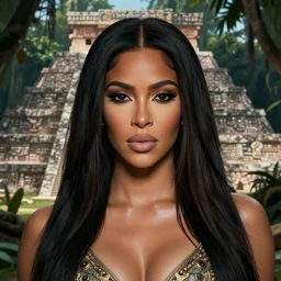 detailed portrait of kim kardashian in mayan pyramid jungle ruins by rudolf ernst