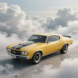 a random crossover design sport car in a utopia world. art by filip hodas. clouds by rhads. car by chevrolet chevelle