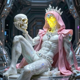 photo of fullbody rococo and cyberpunk delicate neon crystalline sculpture of seductive muscular onyx albino marble prince liam payne as an mint iridescent humanoid deity wearing pink plastic hooded cloak holding an onyx skull in a onyx space dungeon, reclining, glowing yellow face, crown of white diamonds, cinematic lighting, photorealistic, octane render 8 k depth of field 3 d