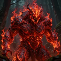 picture of a dark fantasy fire monster, burly, black and red fire, finesse, key visual, realistic shaded perfect face, fire, fine details, forest background, smooth, highly detailed, digital illustration, by artgerm, rossdraws, frank franzzeta