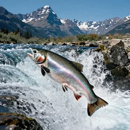 Highly detailed award winning photo from 1970 of a salmon jumping up dagger falls off with the sawtooth mountains in the background, bold lighting