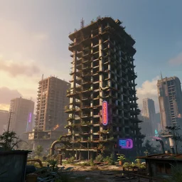 a beautiful hyperdetailed rendering of unfinished building urbex architecture industrial architecture nature abandoned building deck city by denise scott brown, bladerunner 2 0 4 9 vaporwave alien elysian neon signs san andreas at dawn gem studio ghibli cyberpunk futuristic morning sun, archdaily, wallpaper, highly detailed, trending on artstation.