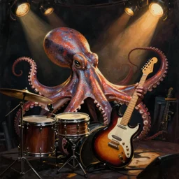 a beautiful painting by bordalo ii of an octopus playing drums and telecaster guitar in an electronic concert, dark background, concert light, dark mood, warm lights