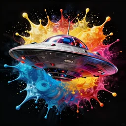 ufo flying in space by josan gonzalez splash art graphic design color splash high contrasting art, fantasy, highly detailed, art by greg rutkowski