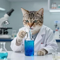 a scientist cat creating a liquid dietary supplement of vivid blue iridescent liquid, art highly detailed, by frank frazetta, keith parkinson and greg rutkowski and aleksandra skiba, concept art,