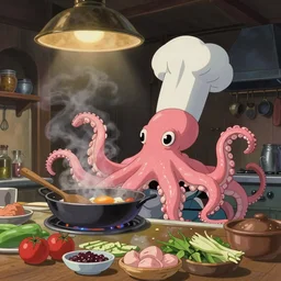 inside the kitchen there is a pink octopus with a tall chef hat and a spatula cooking, vegetables, seasoning, smoking, dramatic lighting, epic composition, wide angle, by miyazaki, nausicaa ghibli, breath of the wild