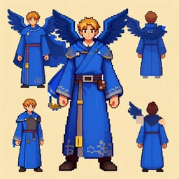 character design sheet for the Undertale video game, pixel art, a male with wings wearing blue robes