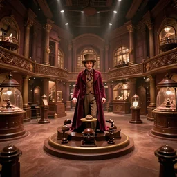inside of a room at Willy Wonka’s chocolate factory, film still from the movie directed by Denis Villeneuve with art direction by Zdzisław Beksiński, wide lens