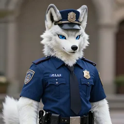 photography of a male anthropomorphic albino wolf fursona police, deep focus, d & d, fantasy, intricate, elegant, highly detailed, digital painting, artstation, concept art, matte, sharp focus, illustration, hearthstone, art by artgerm and greg rutkowski and alphonse mucha