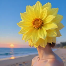 closeup girl with huge yellow dahlia flower head, on beach, surreal photography, blue sky, sunrise, dramatic light, impressionist painting, digital painting, artstation, simon stalenhag