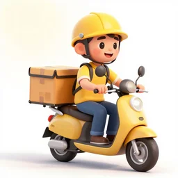 drawn cartoon of a delivery driver on moped delivering packages, bright color, bubbly, digital cartoon syle image, no blur, white background