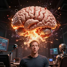 mark zuckerberg's brain exploding from the inside out as he is killed by artificial intelligence he himself created, epic comicbook concept art