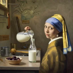 a woman pouring milk into a bottle in the kitchen, by Johannes Vermeer