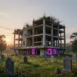 a beautiful hyperdetailed illustration of graveyard unfinished building building urbex architecture by le corbusier, futuristic myst neon signs meadow morning sun at dusk, archdaily, wallpaper, highly detailed, trending on artstation.