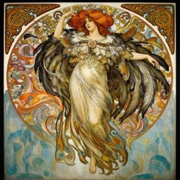 a beautifull intricate painting of a beatifull woman wearing a feathered cloak surrounded by ornate tendrils, flying silk, vivid colors, hyper detailed, artstation, by jeremy mann, by alphonse mucha, by gustave dore