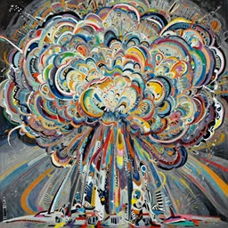 painting of an Atomic explosion visible from space, colourful explosion, vivid colours, matte black paper, ultra detailed