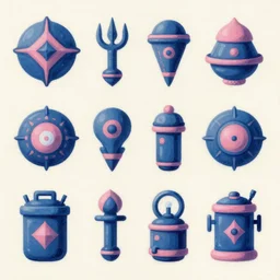 game asset of fallout items and gadgets, in gouache detailed paintings, props, stylized, 2 d sprites, kitbash, arcane, overwatch, blue and pink color scheme, 8 k, close up