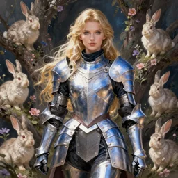 blonde female knight in heavy blue and white armor, rabbits, high fantasy, flowers and trees, intricate detail, digital painting, artstation, concept art, smooth, sharp focus, illustration, art by yoshitaka amano and monia merlo and wlop