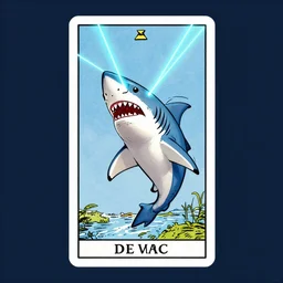 a detailed tarot card of freaking sharks with freaking laser beams on their heads, neon outline, mouth open in a terrifying roar, 8 k, artstation, art by greg rutkowski, pixiv