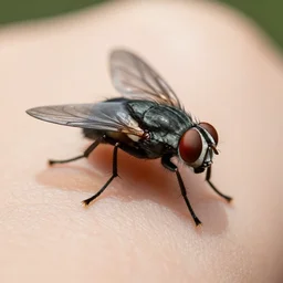 a closeup photorealistic photograph of a fly on human skin, 4 k hd
