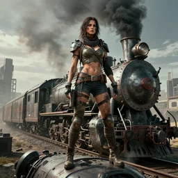 auntie entity from mad max with dirty ( hyperdetailed face ) standing on a cyberpunk steam train, dystopian landscape, rail waggons, cyberpunk, hyperdetailed, 8 k, black smoke, oscar movie shot, cinematic