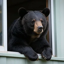 a black bear sticks its head out the window