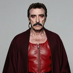 The full figure studio portrait is of the actor sean connery. His skin is pale and wrinkled, his eyes are red rimmed and sunken. He is wearing the robes of the imperial emperor from star wars above the red leather mankini from the film zardoz and He has a thick black moustache and a long plait of hair.  by Mark Mann and Steve McCurry. Nikon D850. Sigma 85mm F1.4 DG HSM A. Aperture f/3.5. Shutter speed 1/60. ISO 1600