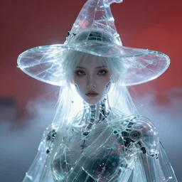 closeup portrait of a transparent witch cyborg girl samurai, shattered glass, cinematic light, backlight glow, red sky blue, misty, by mikhail vrubel, by philippe druillet, by peter elson, by gerald brom, muted colors, ( ( extreme detail ) ), trending on artstation, 8 k