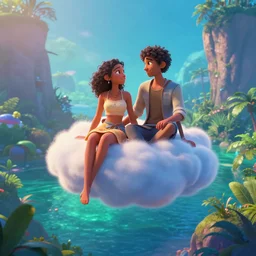 a beautiful couple sitting in a cloud very high in the sky above emerald lagoon of Sint-Marteen, mattepainting concept Blizzard pixar maya engine on stylized background global illumination lighting artstation in the style of The Road to El Dorado