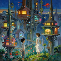 a beautiful painting of a science fiction landscape, houses on stilts, different colour led lights and neon, flowers, by alfons maria mucha and julie dillon and makoto shinkai