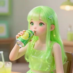 A cute, lime green transparent slimegirl drinking from a can of lemon lime soda