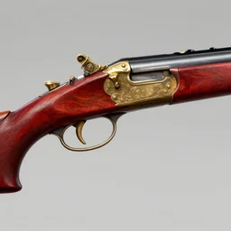 a magical antique double - barreled shotgun made from glossy red - painted wood and elements of gold metalwork, video game concept art