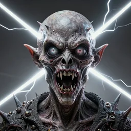 half head missing jason fused with a poltergeist lovecraft super screaming space demon, spiky skin, creepy, melting, big melted eyes, jaw broken, big laser beams, creepy, photo, portrait, 3 d, high details, intricate details, by vincent di fate, artgerm julie bell beeple, 9 0 s, smooth gradients, volumetric lightning, high contrast, duo tone, depth of field, very coherent symmetrical artwork