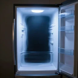 a fridge opening with a lights and a portal inside it leading to nowhere.