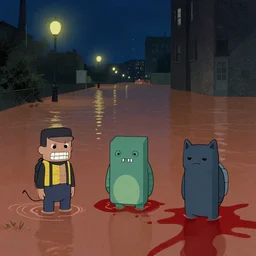 city flooded with blood, at night, lamp posts in the back, by tooth wu and wlop and beeple and greg rutkowski