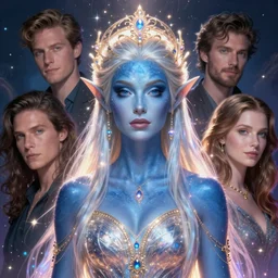 the elven queen with blue skin by james jean, charlie bowater, tom bagshaw, nikolay makovsky, melanie delon : : enchanting, ethereal, magical, glowing, sparkle, prismatic, portrait, character design, illustration, hyperrealism, photorealism, digital art, concept art, fantasy, whimsy, weta, wlop, artstation
