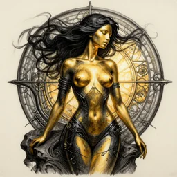 pencil drawing illustration, gold bodypaint, neobrutalistic, stained glass, digital abstract sculpt of beautiful female body and black swirling latex acrylic portrait, black latex sculpt, minimalism, mechanical superstructure, strong wind, sacred geometry, 8 k, cinematic, magic hour, beautiful light, sculpture of carving marble, dark colors, filigree ornaments, one point light, clockwork