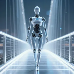 cyborg and hologram figure walking across a bridge made of light