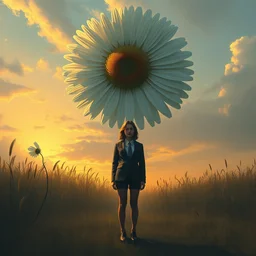 giant daisy flower under head, standing frontal, a girl in a suit, surreal photography, sunrise, dramatic light, impressionist painting, digital painting, artstation, simon stalenhag