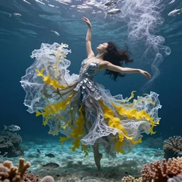 woman dancing underwater wearing a long flowing dress made of many translucent layers of silver and blue lace seaweed, bolts of bright yellow fish, delicate coral sea bottom, swirling silver fish, swirling smoke shapes, octane render, caustics lighting from above, cinematic, hyperdetailed