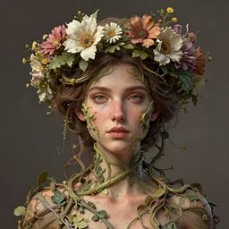 a woman with a wreath on her head, a digital painting by nina tryggvadottir, featured on cg society, fantasy art, made of vines, daz 3 d, made of flowers
