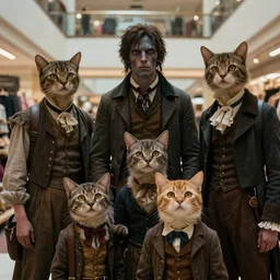 sharp, highly detailed, film from a 2 0 1 9 sci fi 8 k movie, a family of four half human and half cat people from an alternate 1 8 6 0 travel in time to our 2 0 1 9, appearing in a shopping mall, looking confused, family wearing 1 8 6 0 s clothes, atmospheric lighting, in focus, reflective eyes, 3 5 mm macro lens, live action, nice composition