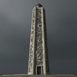 detailed intricate carved geometric monolith lighthouse, made of stone and concrete, brutalism style, dark and misty, full shot, full height, 8K octane render